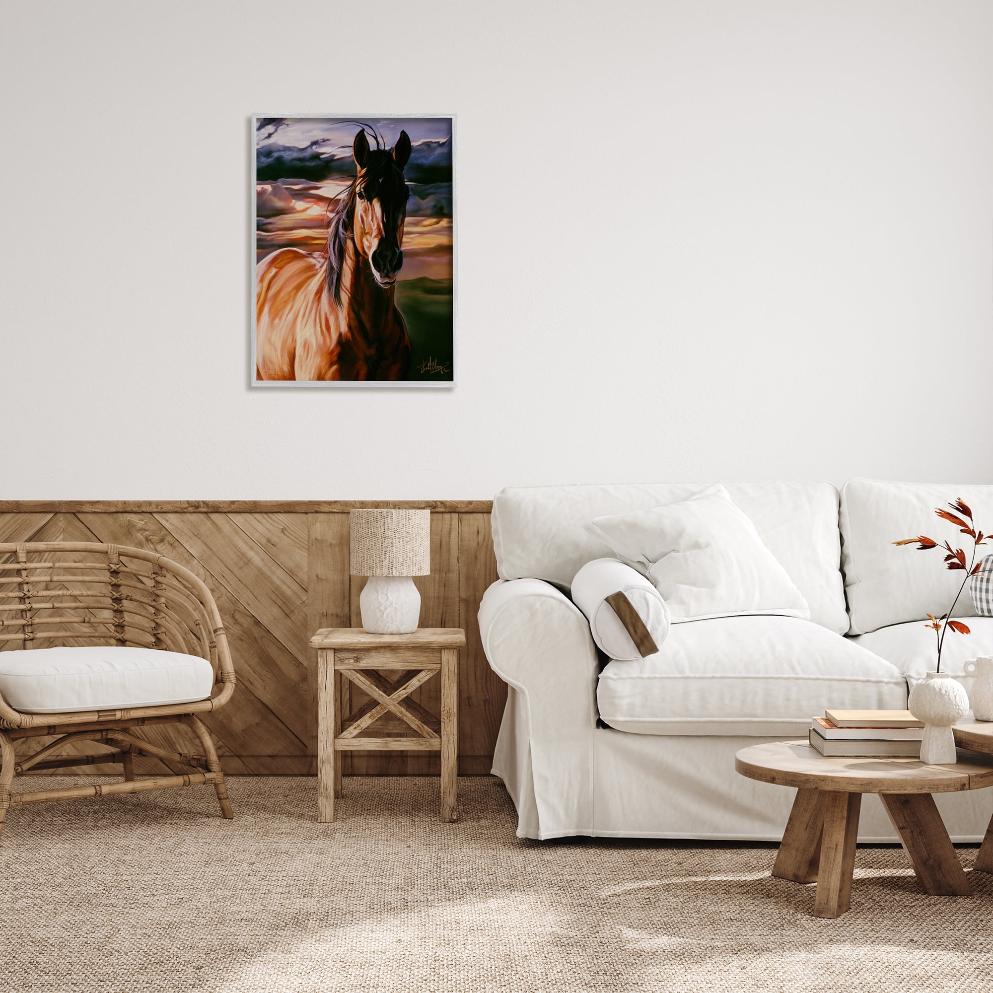 Stupell Industries Horse Landscape Painting Animals & Insects Painting Gray Framed Art Print Wall Art, 24 x 30