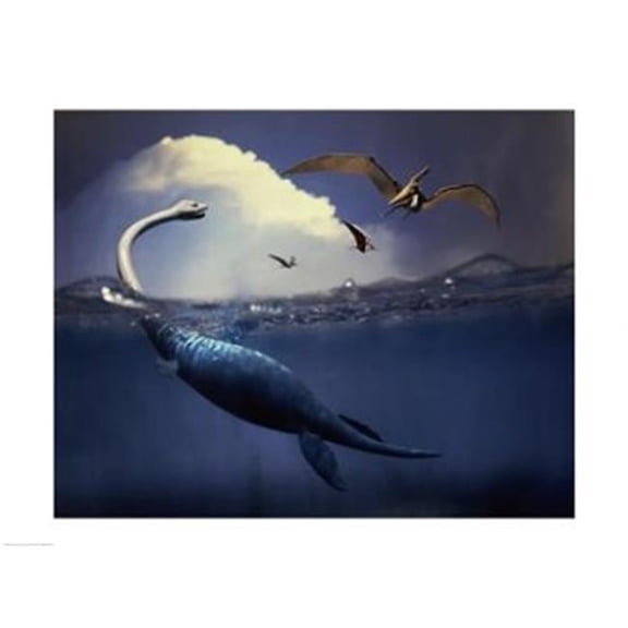 Plesiosaurus and Flying Pteranodons -24 x 18- Poster Print