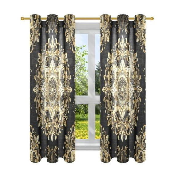 Window Curtain Panels Cotton Linen Decorative Curtains - Symmetrical Gold Blossom PatternWindow Shade Backdrops for Home Office Sunroom Country House