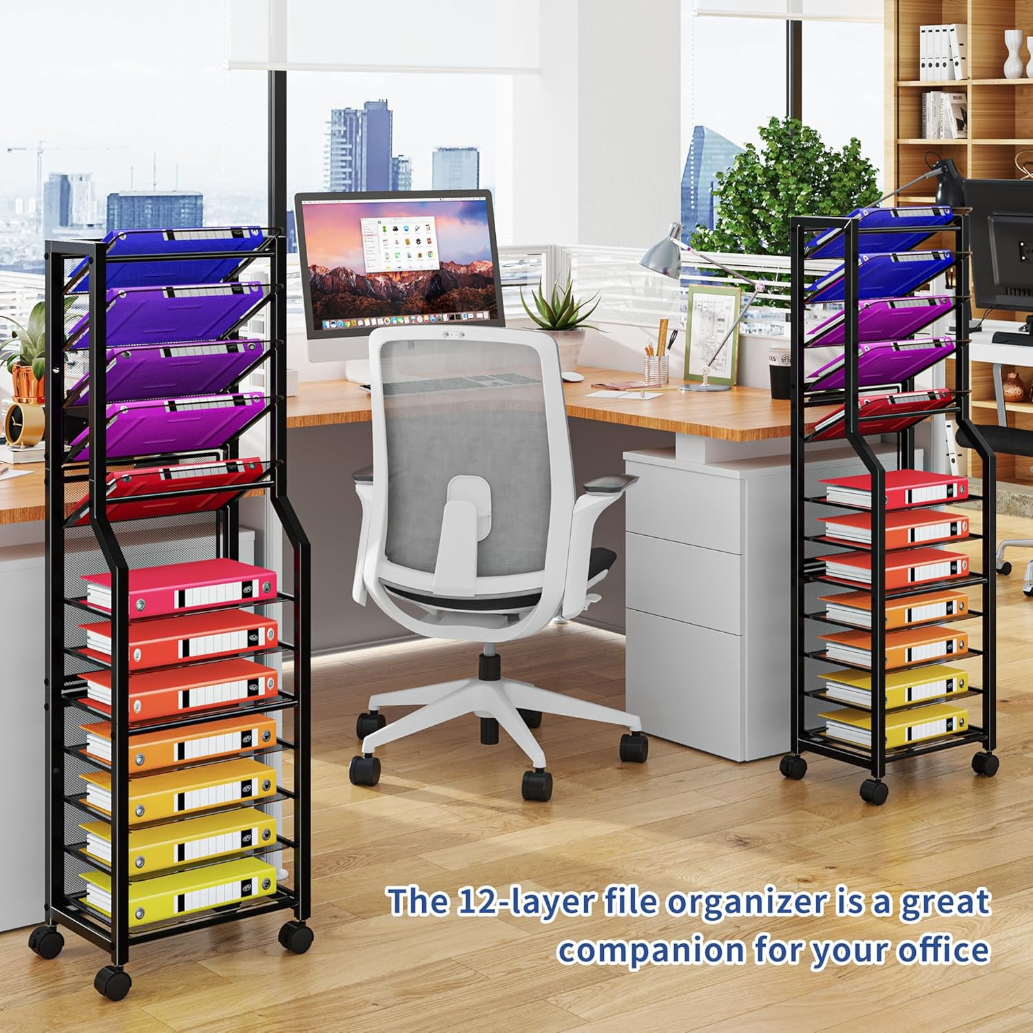 12-Tier Rolling File Cart with Sliding Trays, Metal Mesh Organizer for Office , Black