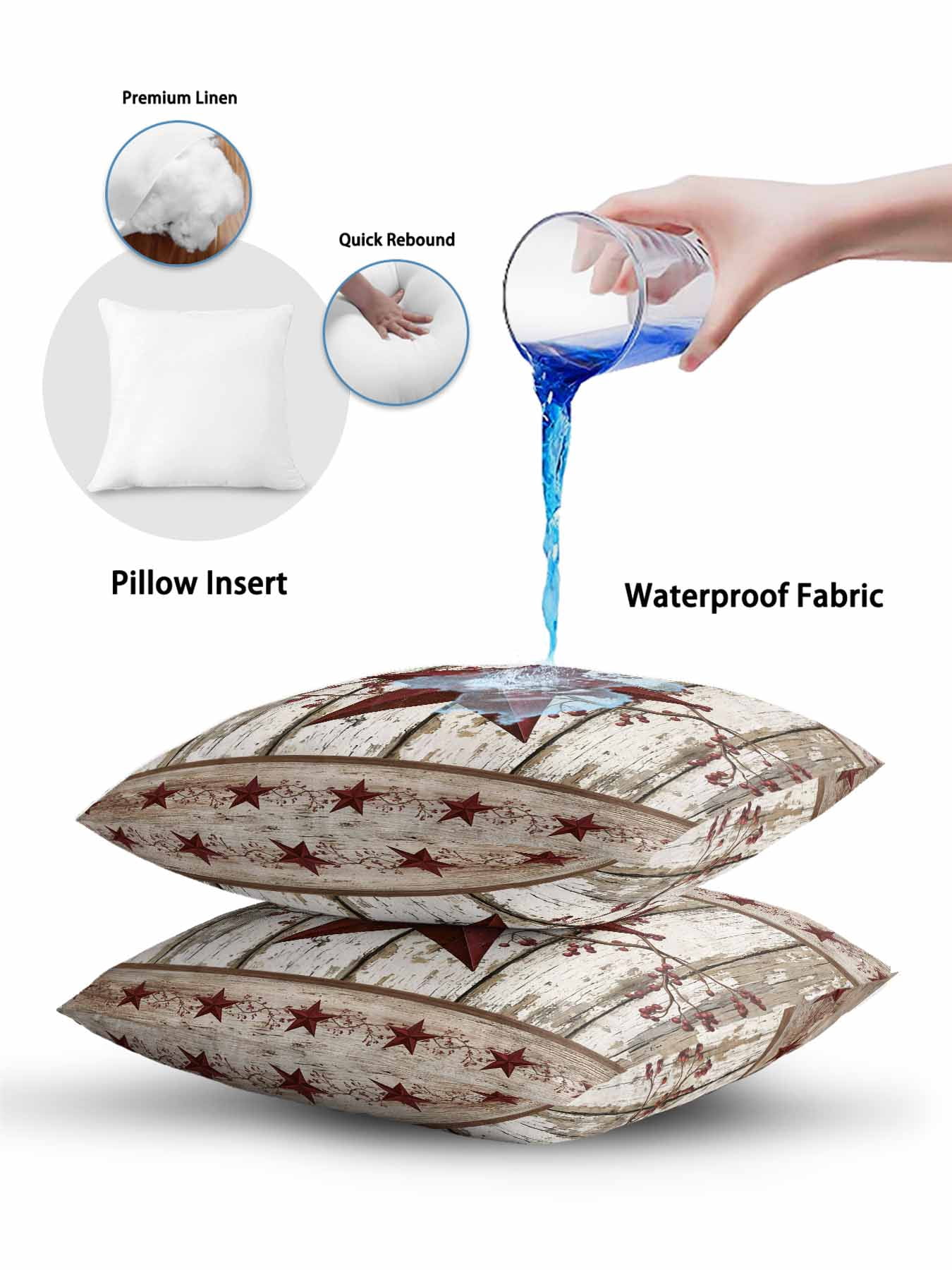 Outdoor Pillows Waterproof, Red Texas Star Vintage Bedding Throw Pillows with Insert for Couch Sofa Bed, Farmhouse Berry Grey Wooden 16x16 Inch Pillowcases Decorative Camping Patio Pillow Set of 1