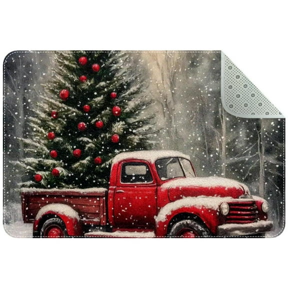 Merry Christmas Red Vintage Truck Tree Winter Snow Small Area Rug, Non-Slip Door Mat Indoor Floor Mat, Washable Kitchen Rug Entrance DMat for Bedroom Living Room