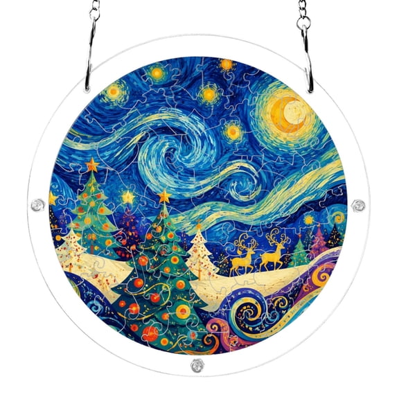Christmas Trees Deer Swirling Night Sky Acrylic Jigsaw Puzzles 83 Pieces Suncatcher for Window Hanging 7.5 Inch Holiday Home Decor