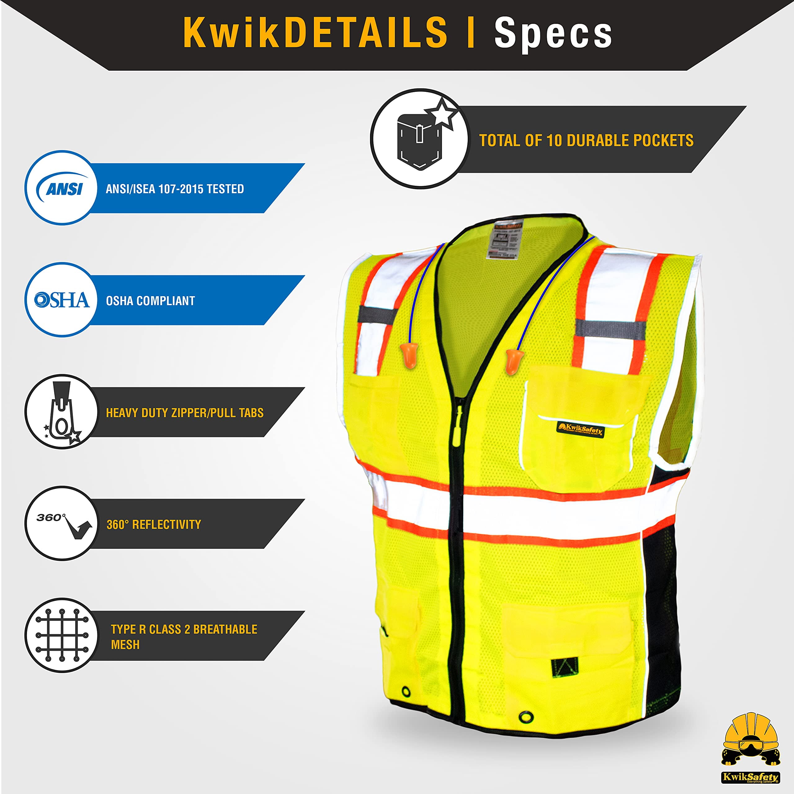 KwikSafety (Charlotte, NC) CLASSIC Safety Vest (JUMBO Pocket) Class 2 ANSI OSHA High Visibility Reflective Heavy Duty Mesh Zipper HiVis Construction Work Gear HiViz Men Women | Yellow 3X-Large