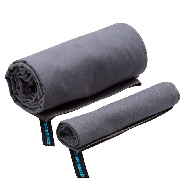 MICRO-MIRACLE Toalla de viaje XXL – 2 toallas de microfibra extra suaves y de secado rápido, ligeras y compactas para gimnasio, natación, práctica, viajes, mochilero, camping, RV, playa, camping (gris