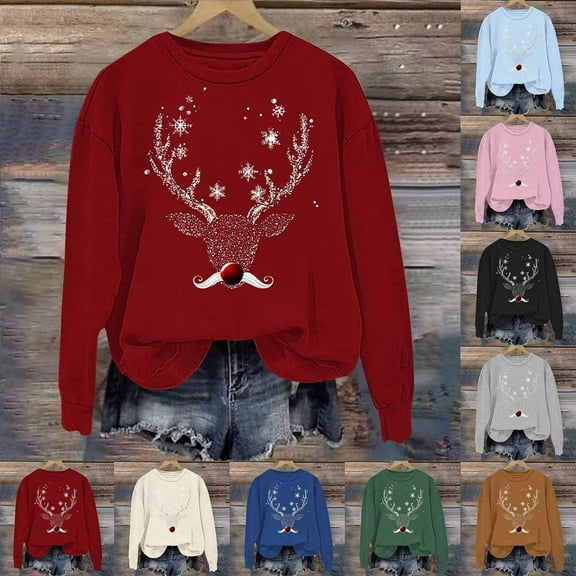 AINIYS Christmas Sweatshirts For Women Cute Deer Graphic Fall Wimter Xmas Crewneck Pullover Long Sleeve Tops Beige Pullover for Women _x L