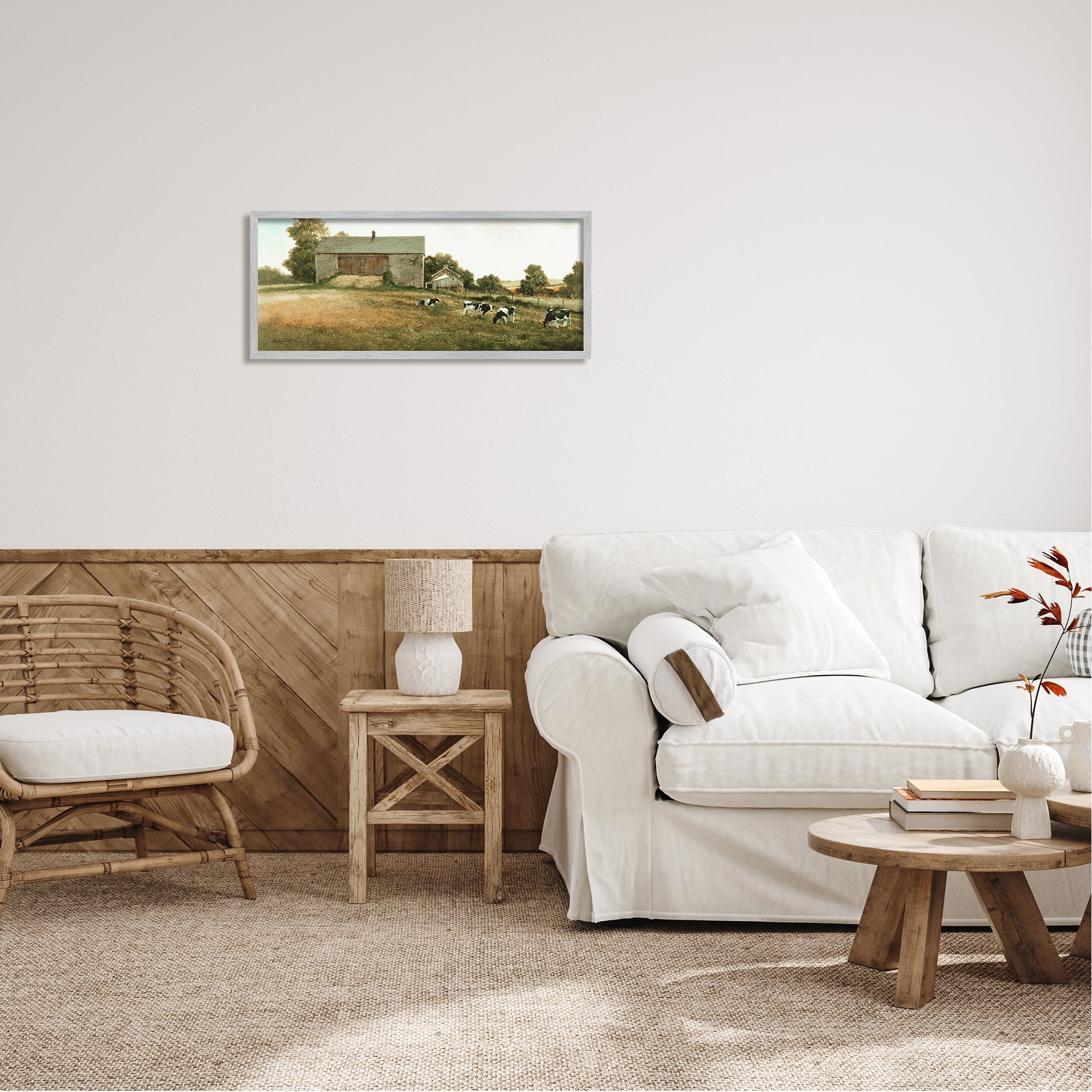 Stupell Industries Traditional Cows Grazing Animals & Insects Painting Gray Framed Art Print Wall Art, 30 x 13