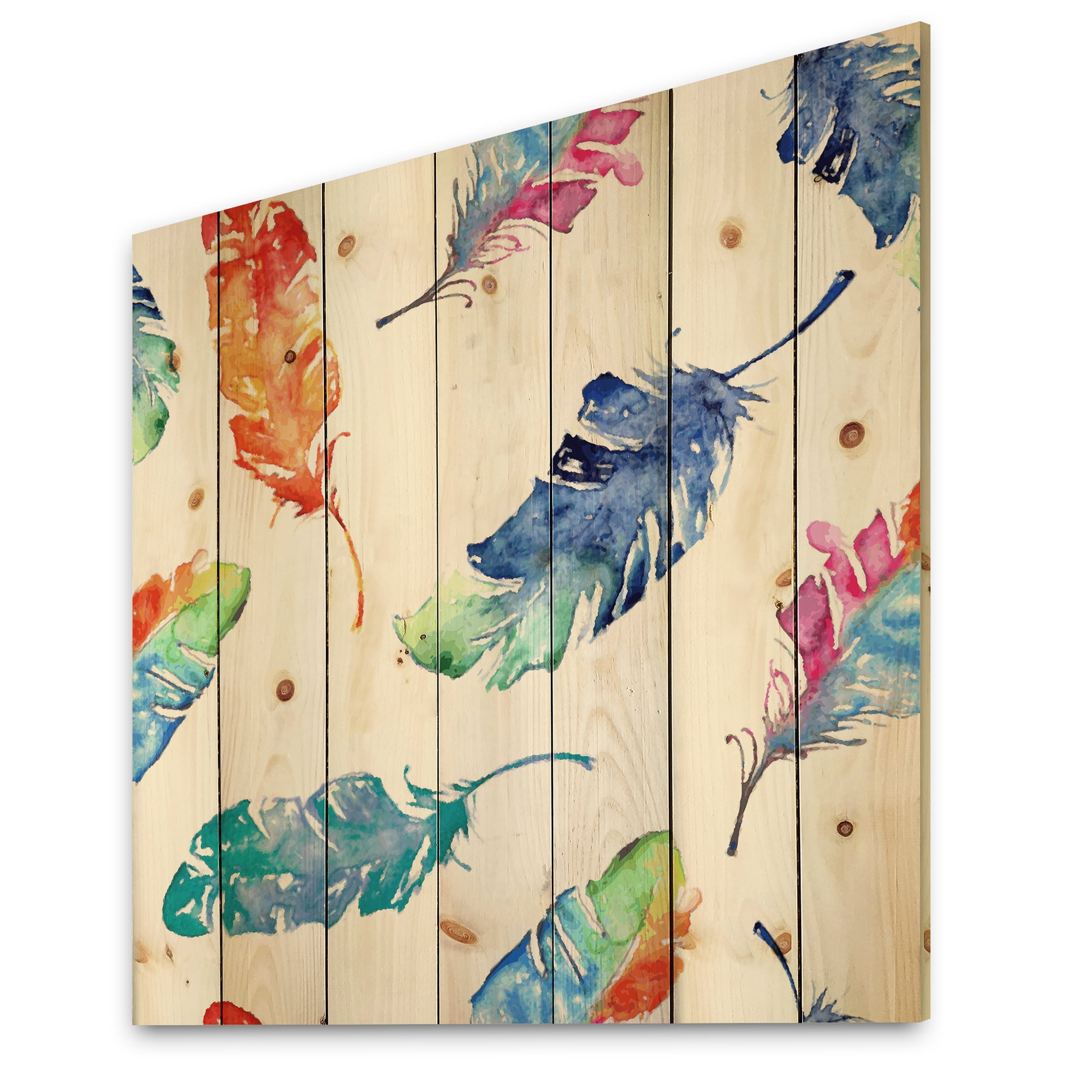Designart 'Ethnic Colorful Feathers' Bohemian & Eclectic Print on Natural Pine Wood