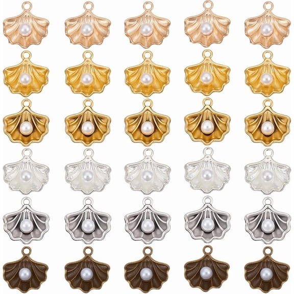 1 Box 60Pcs 6 Colors Clam Charms Shell Pearl Charms Bulk Alloy Metal with Imitation Pearls Beach Sea Ocean Seashell Pendants for Jewelry Making Supplies DIY Craft Necklace Bracelet Earring for DIY