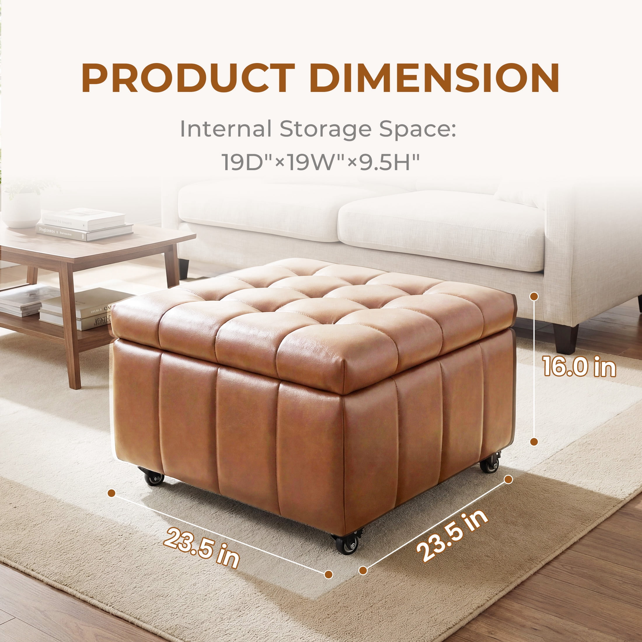 Poshby Square Faux Leather Storage Ottoman, Coffee Table Footrest Stool with Pulley Legs for Living Room or Bedroom, Brown