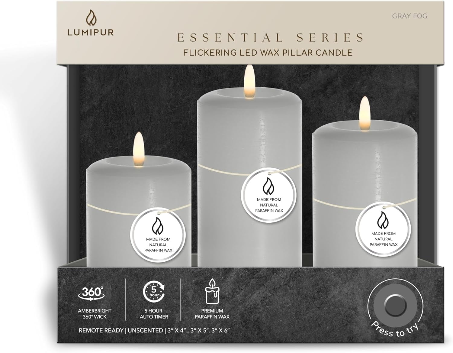 LumiPur Flameless Candles, Flickering LED Battery Operated Wax Pillar Candle, Gray Fog, 3-Pack