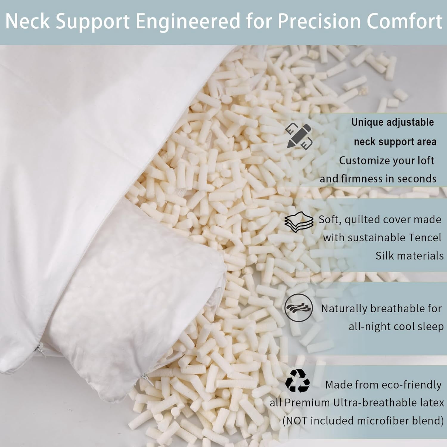 Talatex Talalay 100% Natural Adjustable Latex Pillow with Shredded Foam & Tencel Cover - Pressure Relief, Standard Size