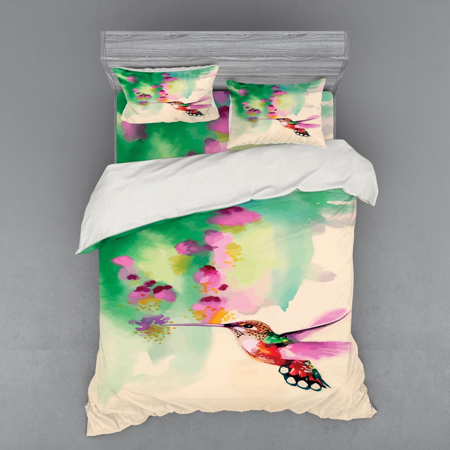 Hummingbird Duvet Cover Set, Art with Colibri Bird and Flowers Romantic