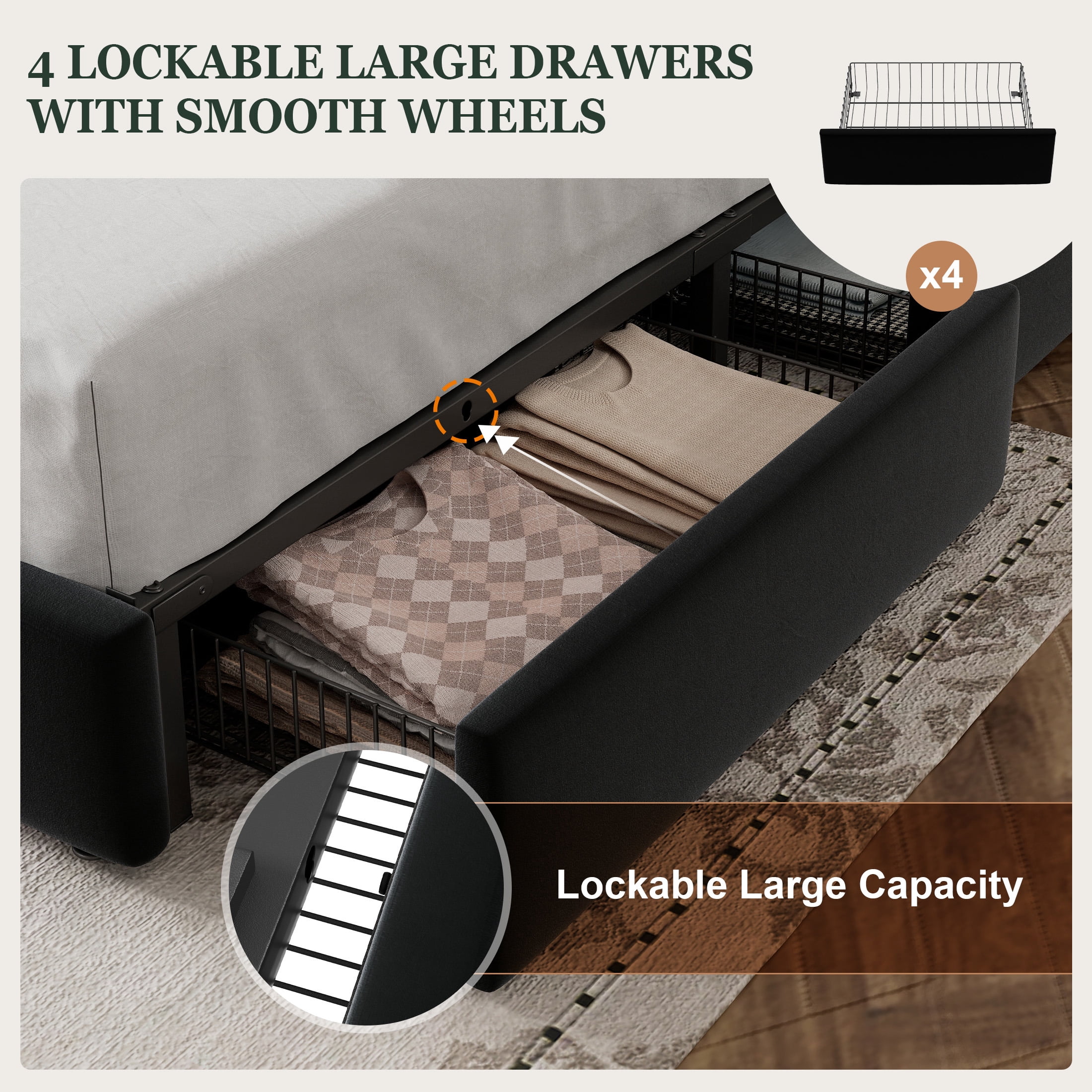 Amolife Queen Size Storage Platform Bed Frame with 4 Drawers & Upholstered Velvet Slat Headboard, Black