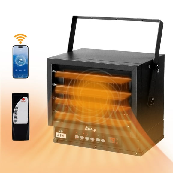 WiFi Smart Electric Garage Heater, 7500W Ceiling Mount Space Heater, 240-Volt Hard-Wired Heater Fan-Forced Shop Heater with Digital Thermostat, 12H Timer, Remote Control, Black