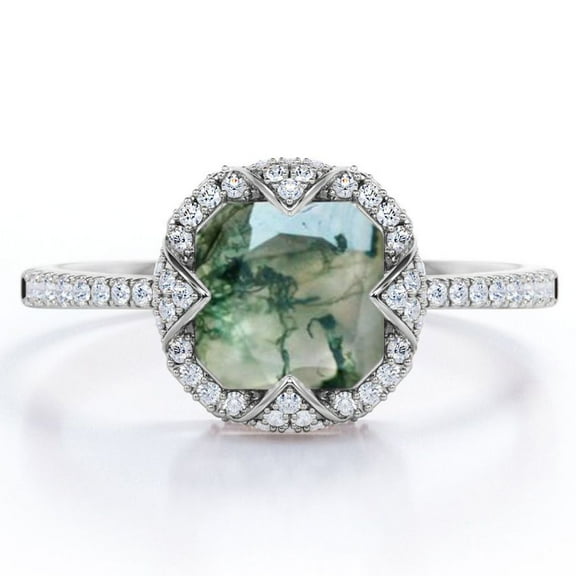 JeenMata Halo Bezel Cluster - 1.5 Carat Cushion Cut Opaque Milky Moss Green Agate and Moissanite - Pave Engagement Ring - 18K White Gold Plating over Silver
