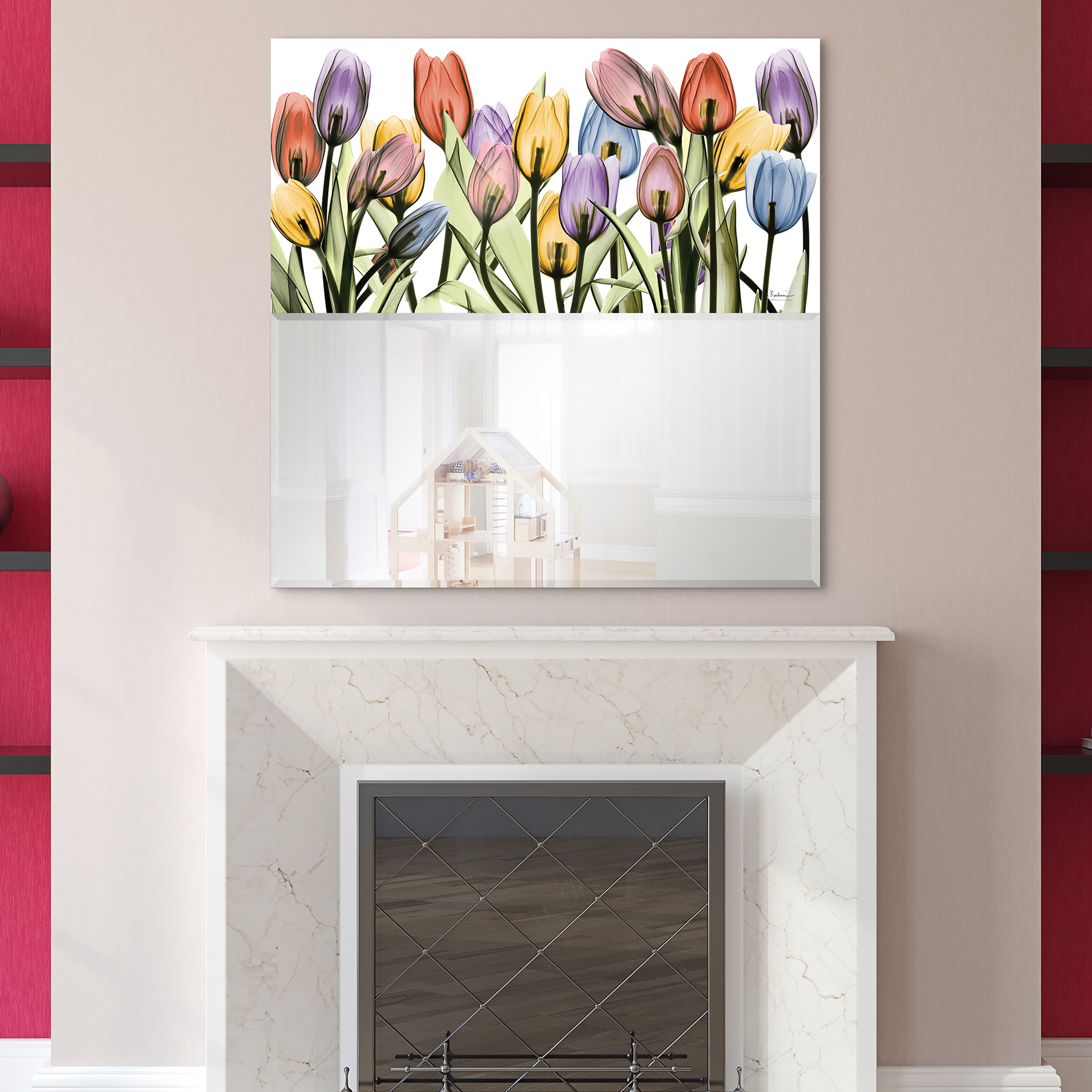 Empire Art Direct "Tulip Scape" Square Beveled Mirror on Free Floating Printed Tempered Art Glass - Clear - 38 x 38