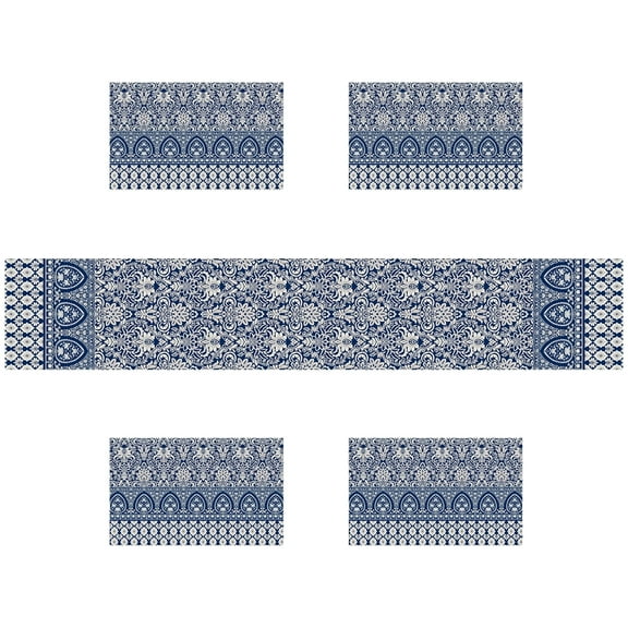SUNOLIFE Blue Boho Floral Placemat Set of 4 and Table Runner 72 In Bohemian Place Mats for Table Decorations 12x18 In