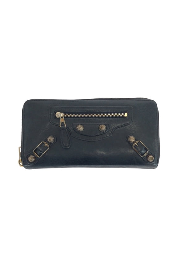 Pre-Owned BALENCIAGA City Classic Continental Black Leather Long Wallet with Gold... (Good)