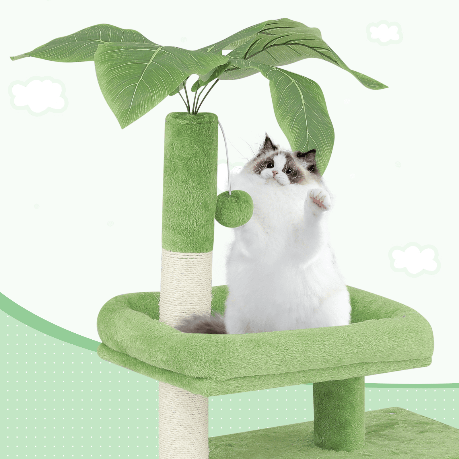MoNiBloom 32" Cat Tree Tower with Leaf Design, Scratching Posts, Perch, Cat Cave and Hanging Ball for Indoor Cats, Lawn Green
