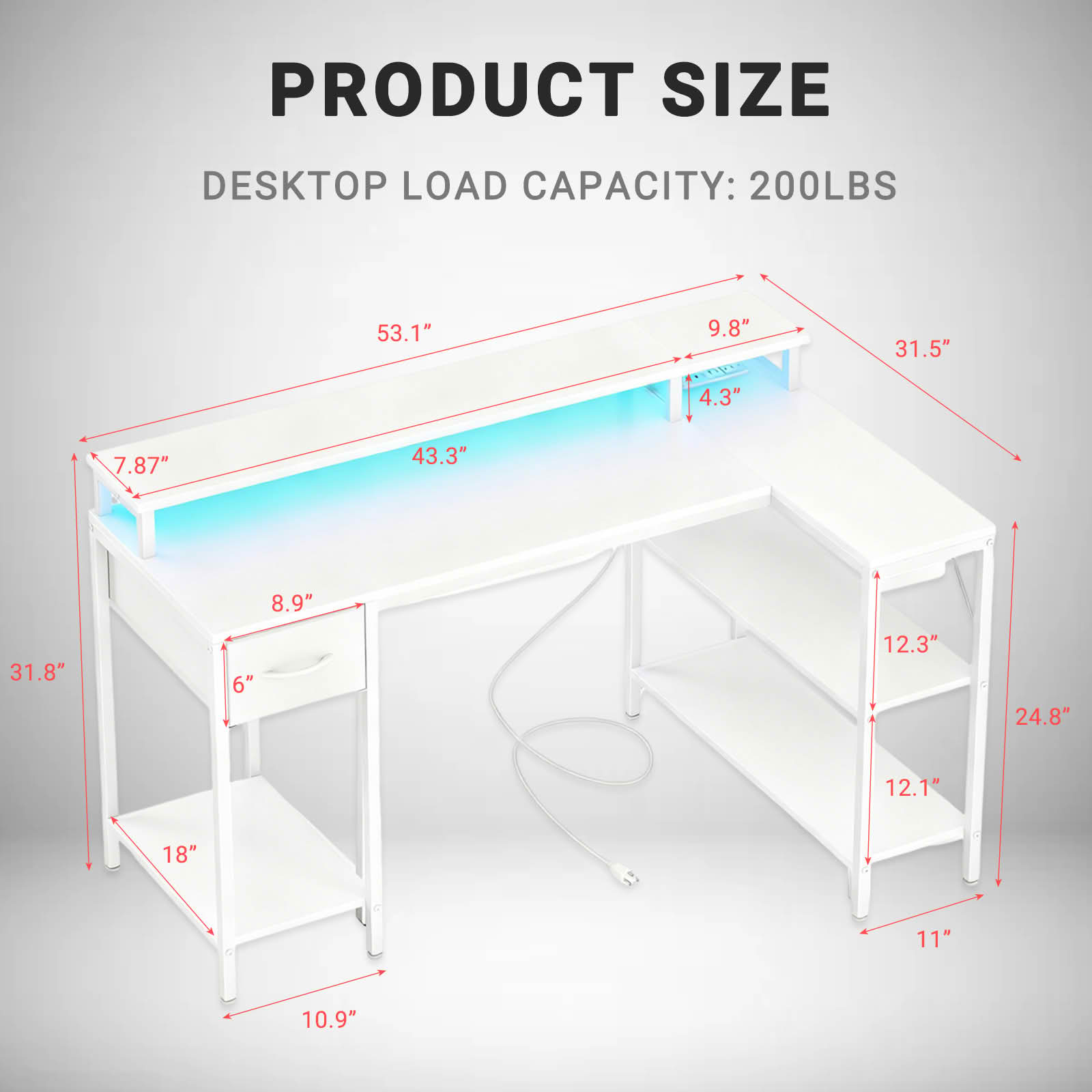 MAYEERTY 53 Inch L-shaped Gaming Table, USB Charging Port & LED Light, Reversible Desk with Power Socket & Monitor Stand