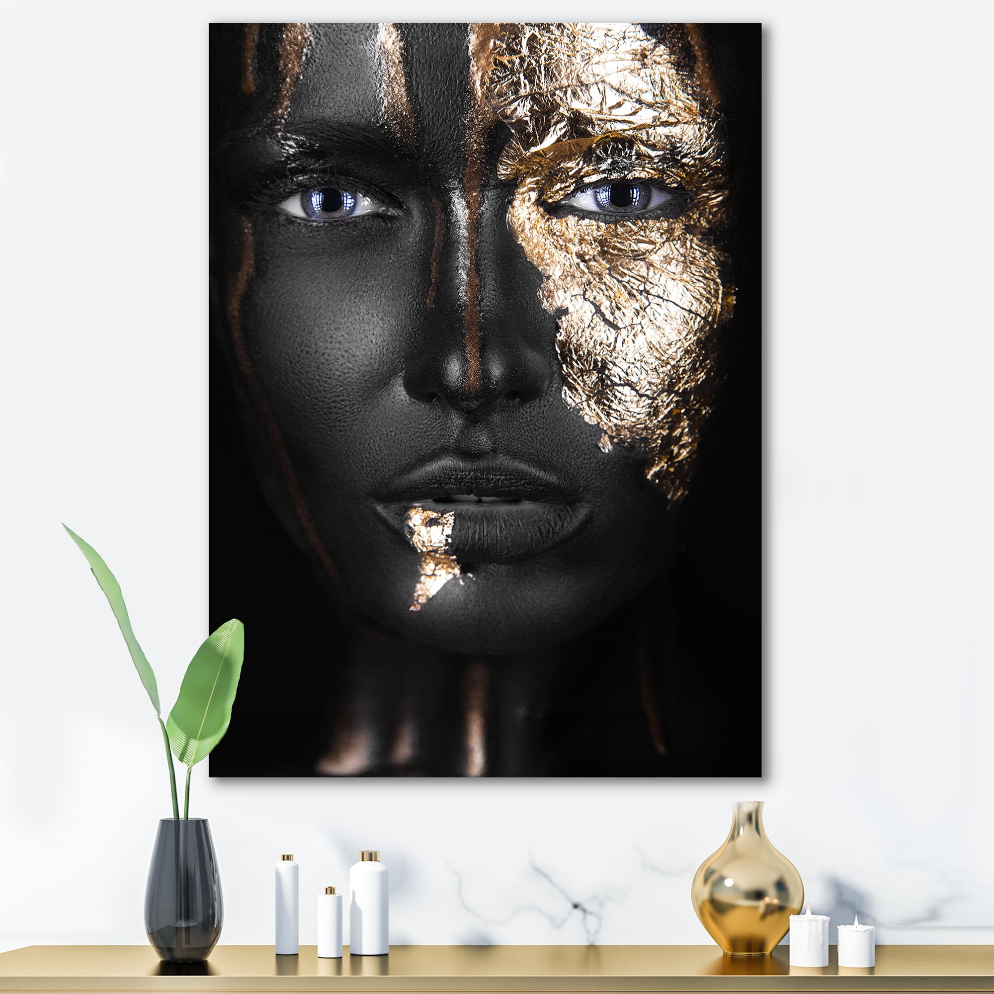 Designart ' Portrait of A African American Girl with Gold Makeup ' Modern Canvas Wall Art Print