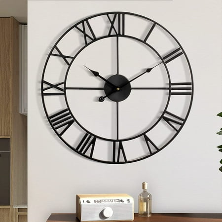 Large Wall Clock Metal Retro Roman Numeral Clock, Modern Round Wall Clocks almost Silent, Easy to Read for Living Room/Home/Kitchen/Bedroom/Office/School Decor (Black, 24 Inch)