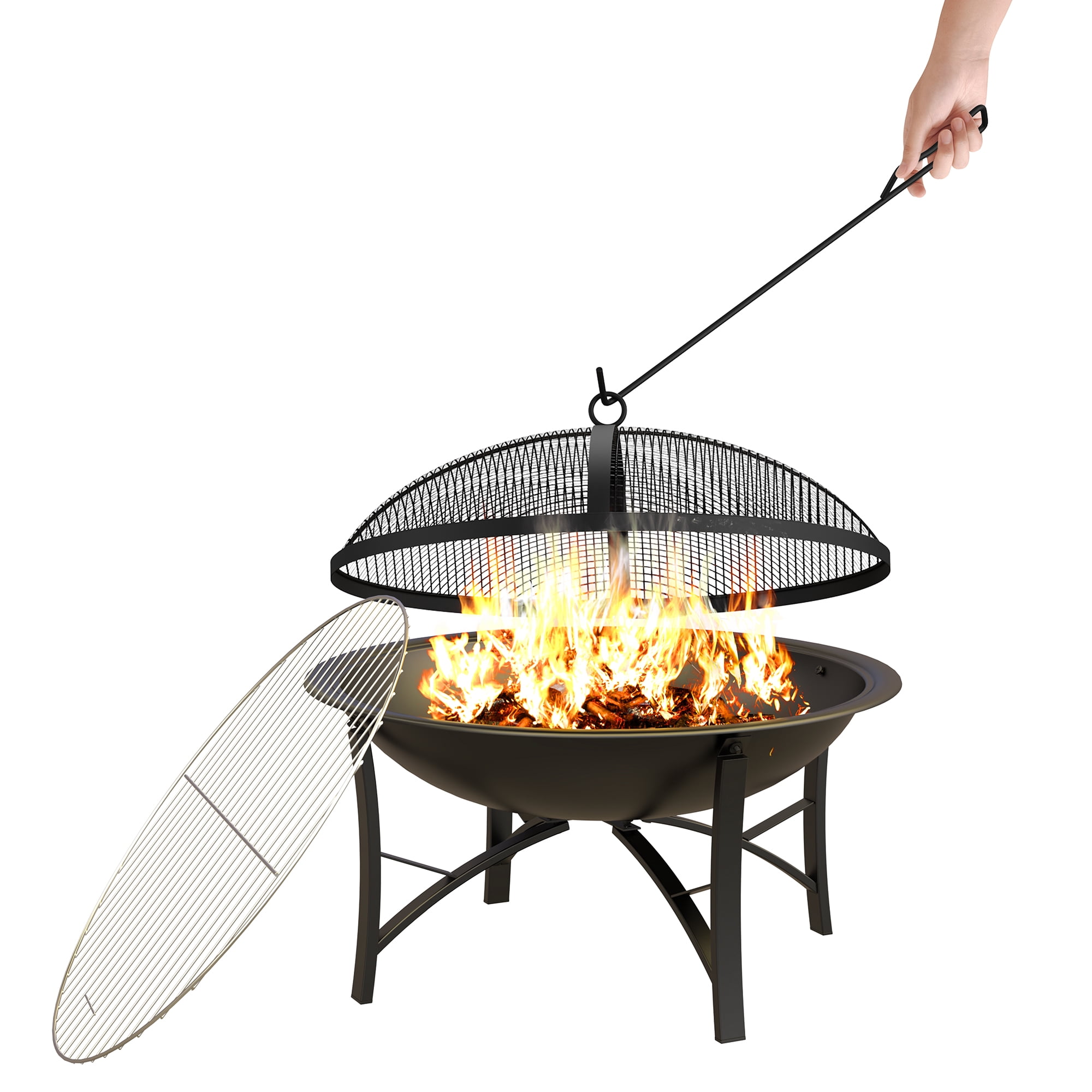 Fire Beauty 22" Outdoor Fire Pit – Heavy Duty Steel Wood Burning Fire Bowl with Cooking Grate & Spark Screen – Includes Log Grate & Poker for Camping, Beach, Backyard (Black)​