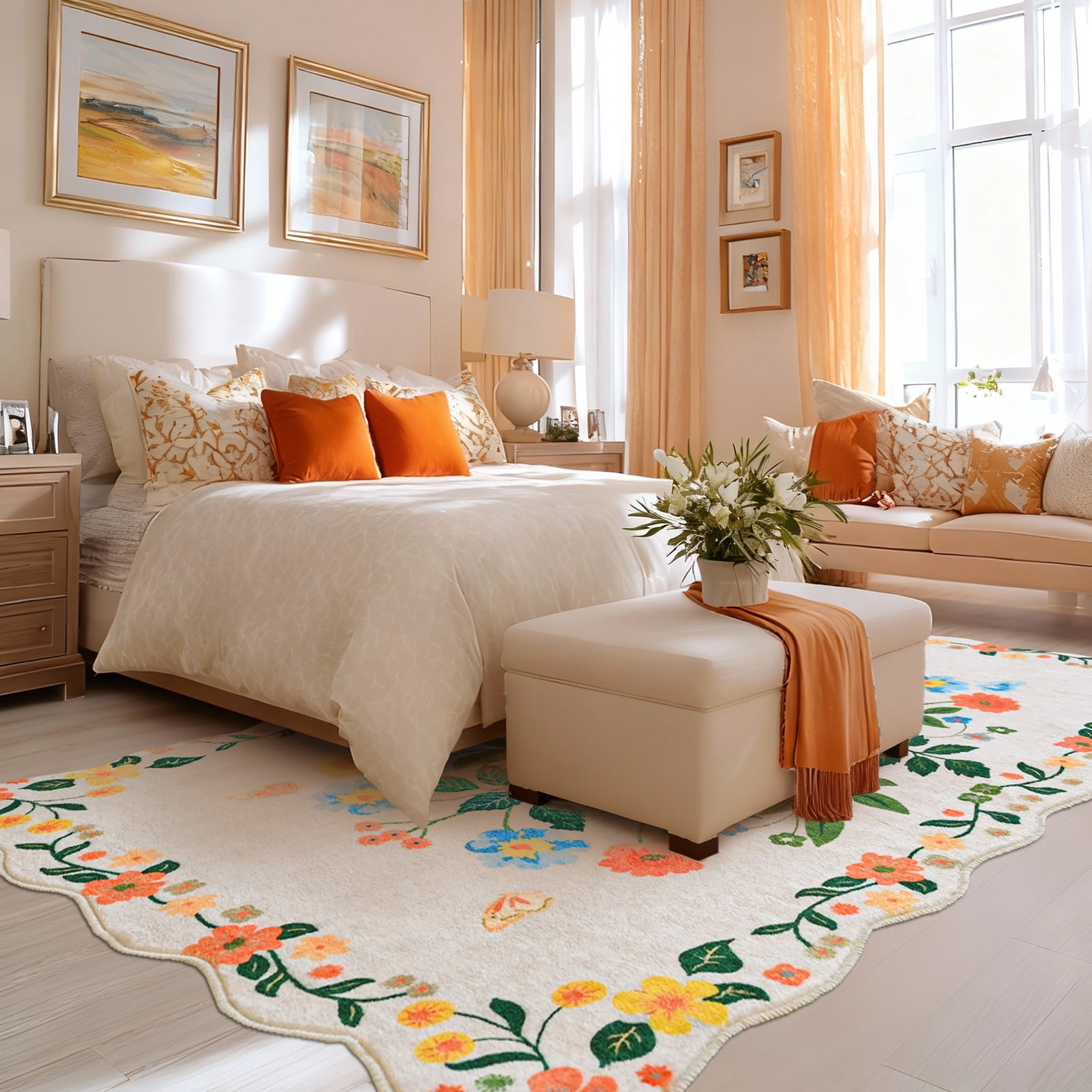 Pentantan Floral Area Rugs 8'x10', Machine Washable Rug for Living Room Non-Slip Vintage Soft Indoor Carpet for Bedroom, Dining Room, Playroom, Office, Beige