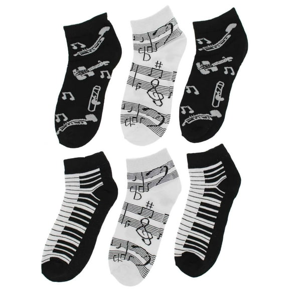 Women's Black White Music Notes, Piano Keys, Instruments Ankle Low Cut Socks, (6Pr)