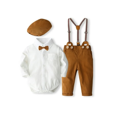 

GXFC Baby Boy Fall Gentleman Suits Clothes 6M 12M 18M 24M Infant Boys Long Sleeve Button Bowtie Romper Top and Suspender Pants and Hat 3Pcs Autumn Formal Outfits Clothing for Newborn Boys