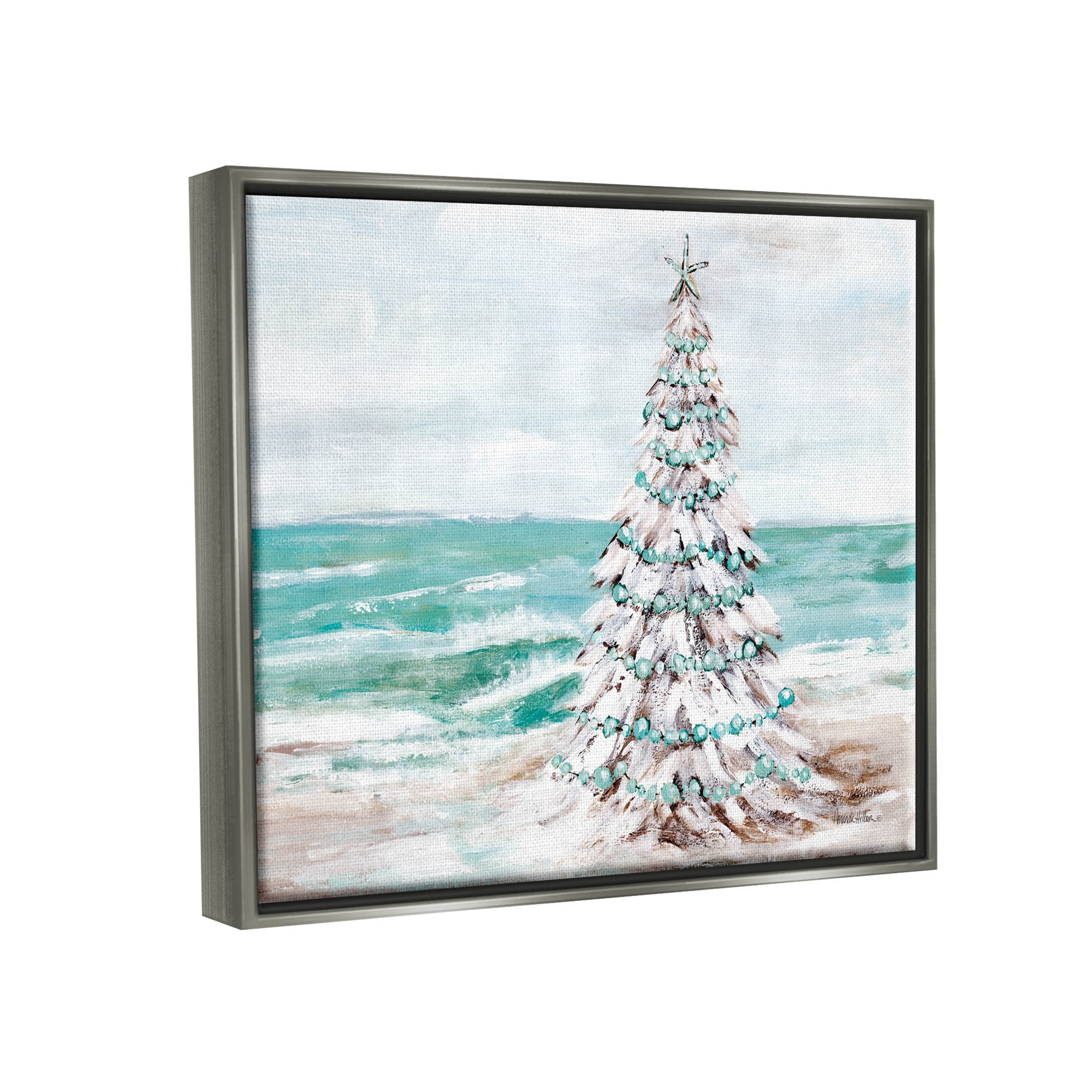 Snowy Christmas Tree Beach Shore Holiday Painting Luster Gray Framed Art Print Wall Art