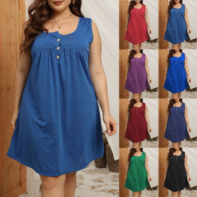 CFLVAEK Robes Débardeurs Grande Taille pour Femmes Robe Ample à Boutons Col Rond Robe Midi Plissée Sans Manches Couleur Unie Robe Ligne A Marine TTTG