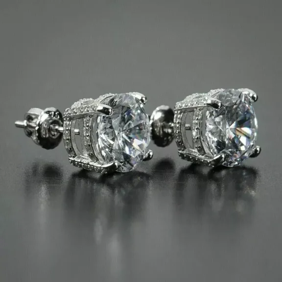 Round Cut D/VVS1 Moissanite 14K White Gold Plated 8mm Stud Screw Back Earrings