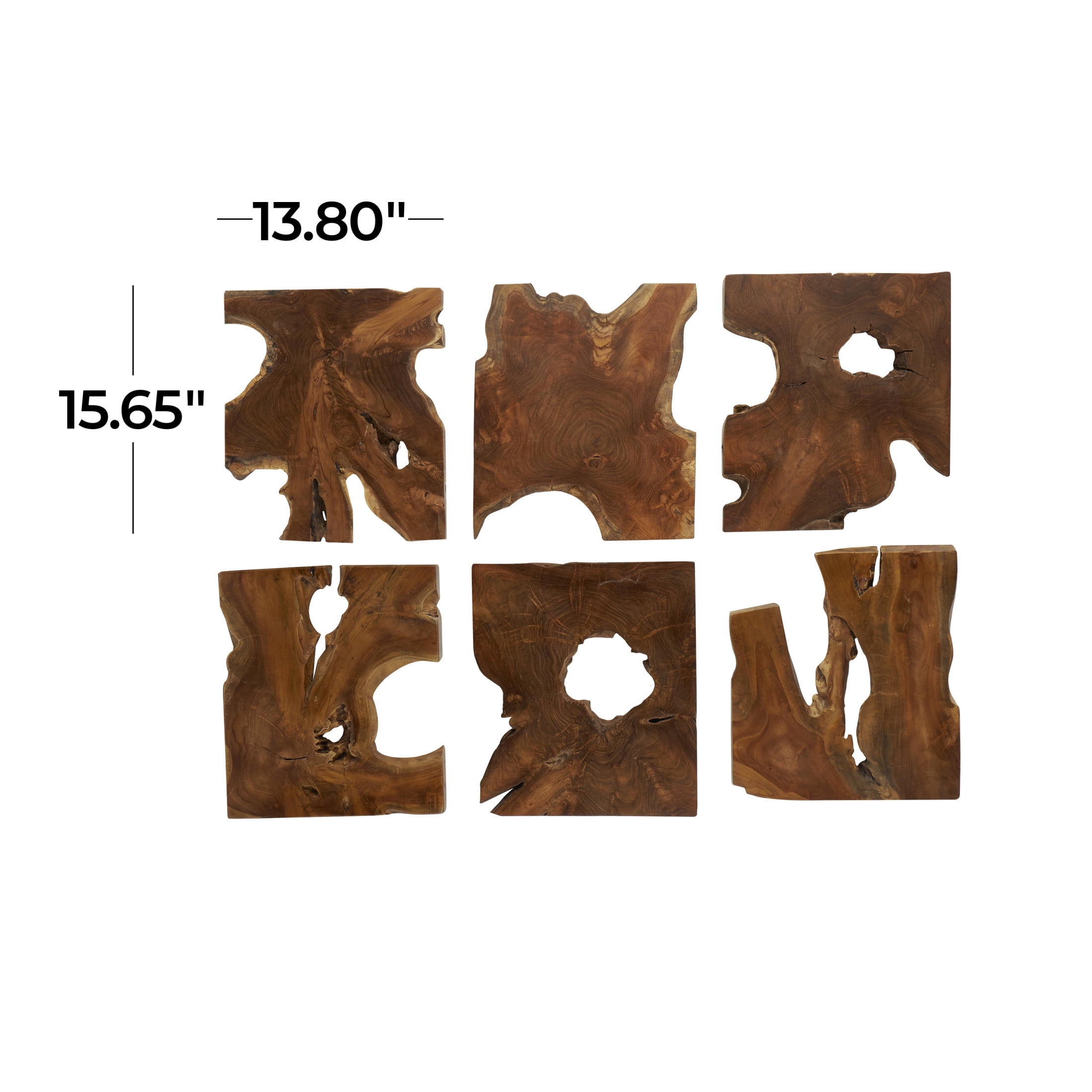 DecMode Brown Teak Wood Handmade Live Edge Wood Slab Abstract Wall Decor (6 Count)