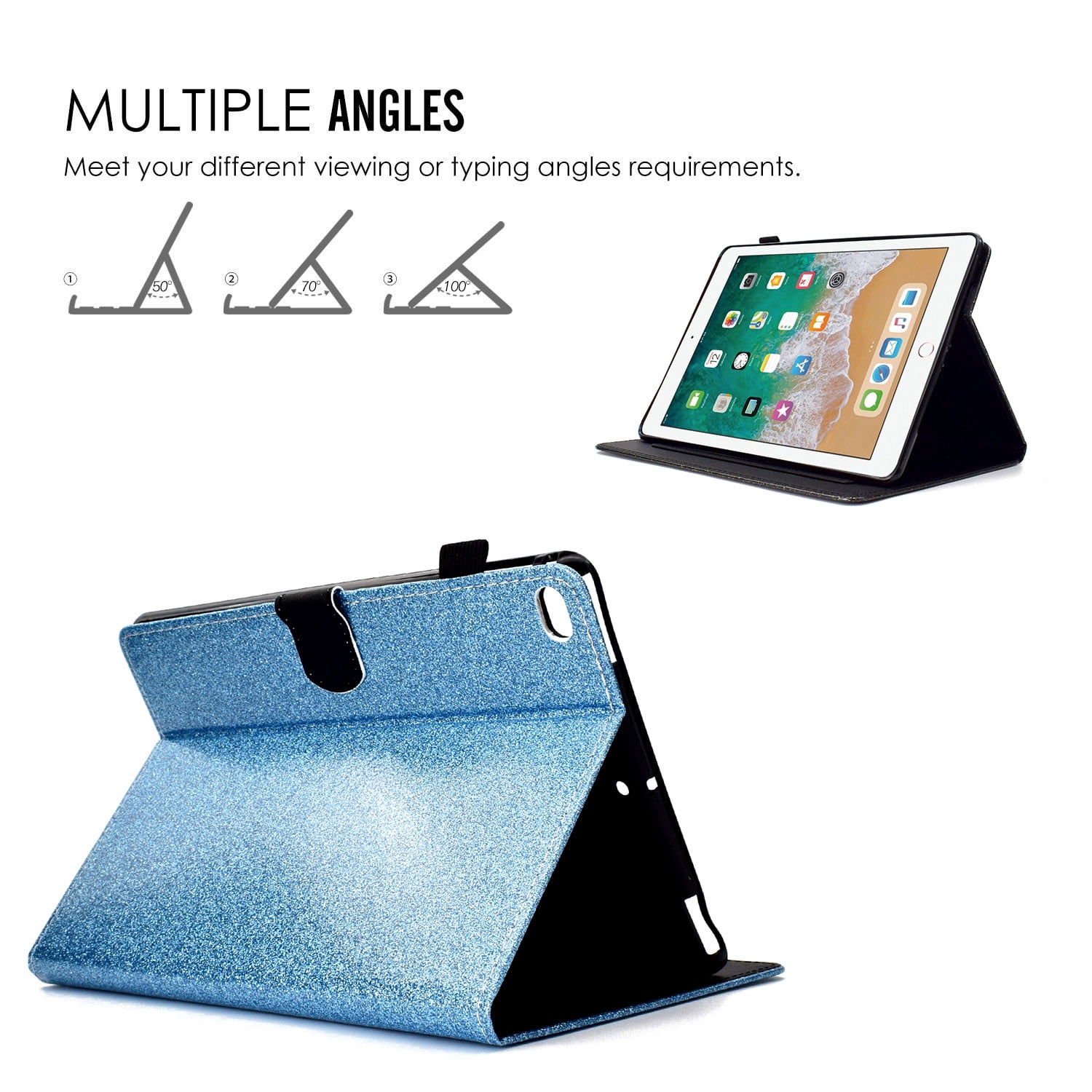 iPad 9.7 2018/2017 Case with Pencil Holder, iPad Air 1 2 Case, Allytech Glitter Leather Folio Kickstand Shock-Absorbing Auto Sleep Wake Case for Apple iPad 9.7 6th/5th Generation, iPad Air 1 2, Blue