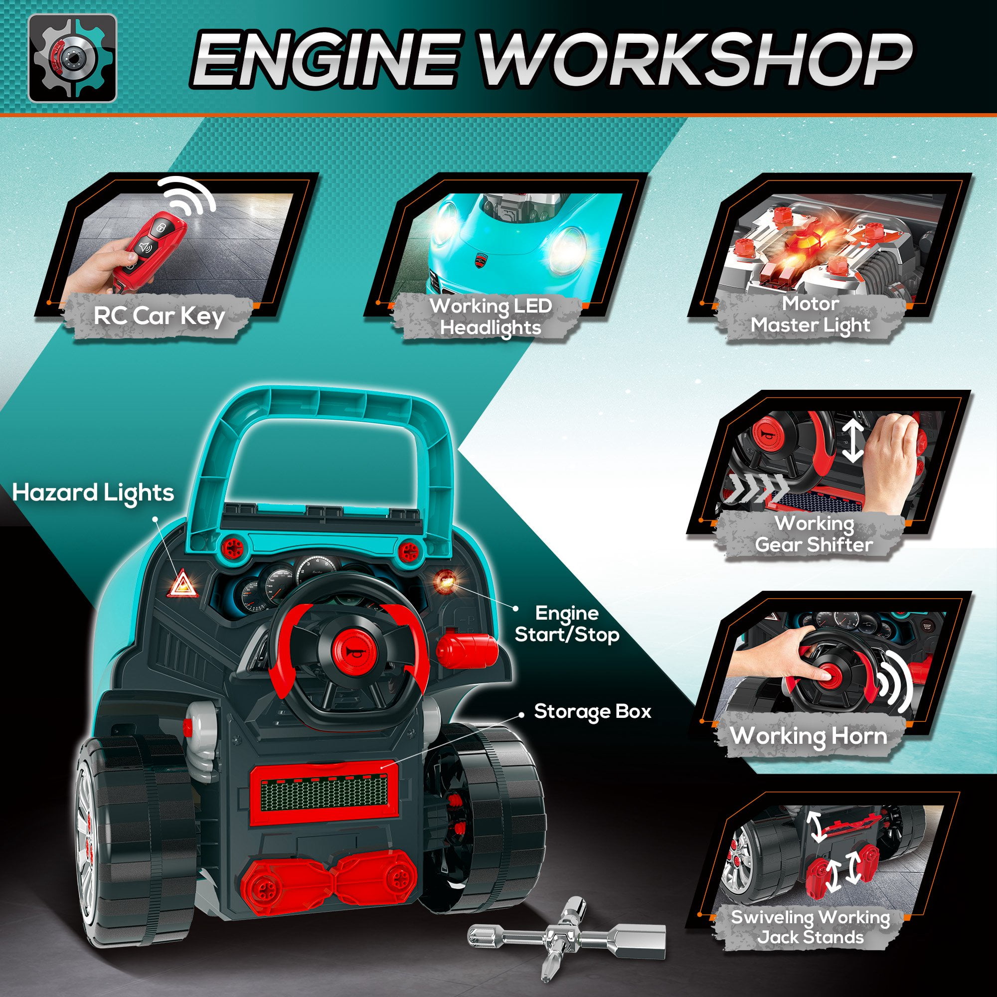 Qaba Mechanic Kids Truck Engine Toy Set, Car Service Playset, Engine Disassembly Play Workshop, 61 Pieces, Steering Wheel, Horn for 3-5 Years , Teal