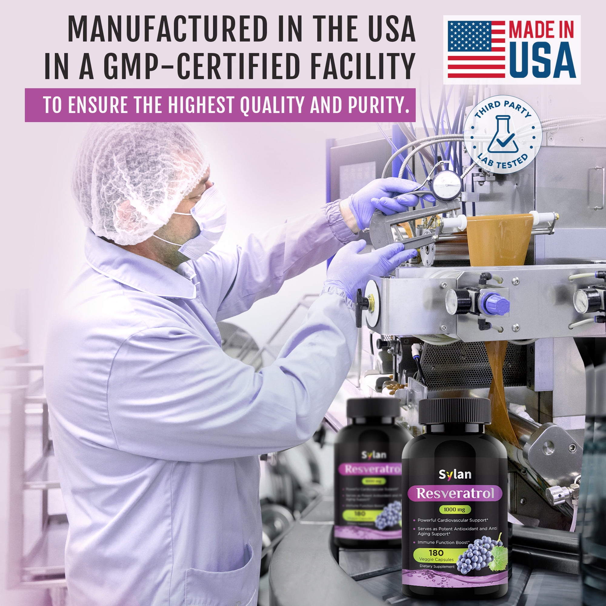 Sylan Trans Resveratrol Supplement 1000mg Polyphenols Supplement 180 Capsules Veggie Non-GMO Made in USA