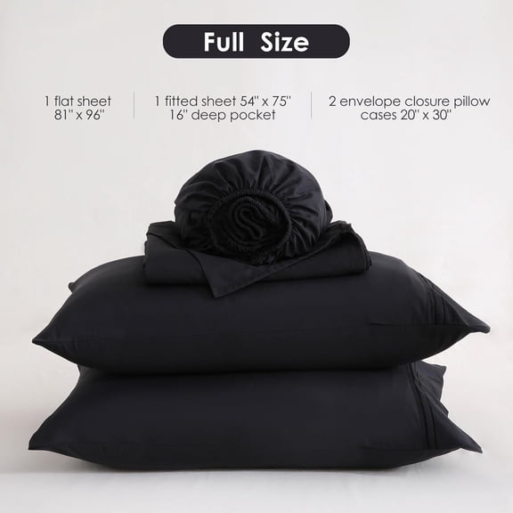 TRAHOO-Black Full Sheet Set with Side Pocket Corner Straps, 4 Piece Soft Microfiber Bed Sheets Extra Deep Pocket