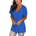 thumbnail image 4 of Women's V Neck T Shirts Casual Rolled Short Sleeve Side Split Summer Tops Loose Fit, 4 of 5