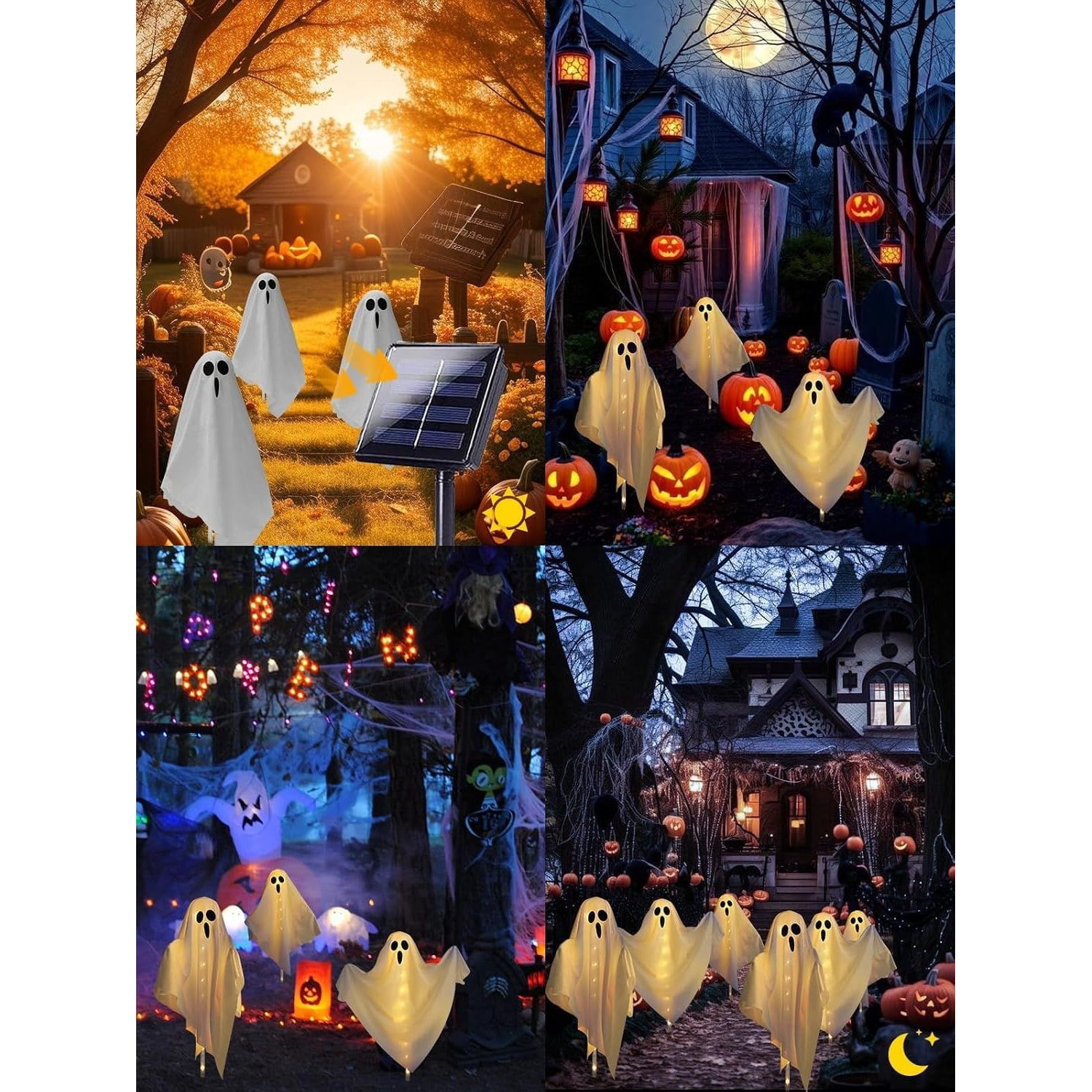 Solar Halloween Ghost Decorations, 3-Piece Outdoor Light Set with 8 Lighting Modes, Bendable Arms, Auto On/Off, 37.5 x 25.6 in