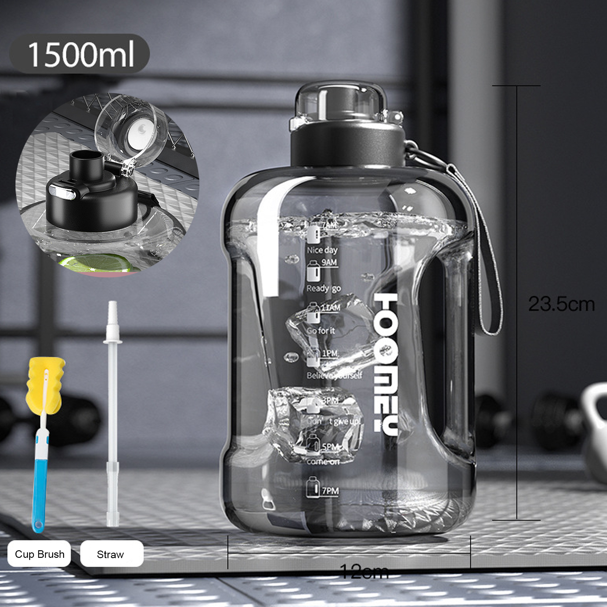 WEHUSE 50 oz Water Bottle with Time Marker - Straw & Chug Lid - BPA Free Half Gallon Gym Water Bottle with Handle - Big Gallon Jug