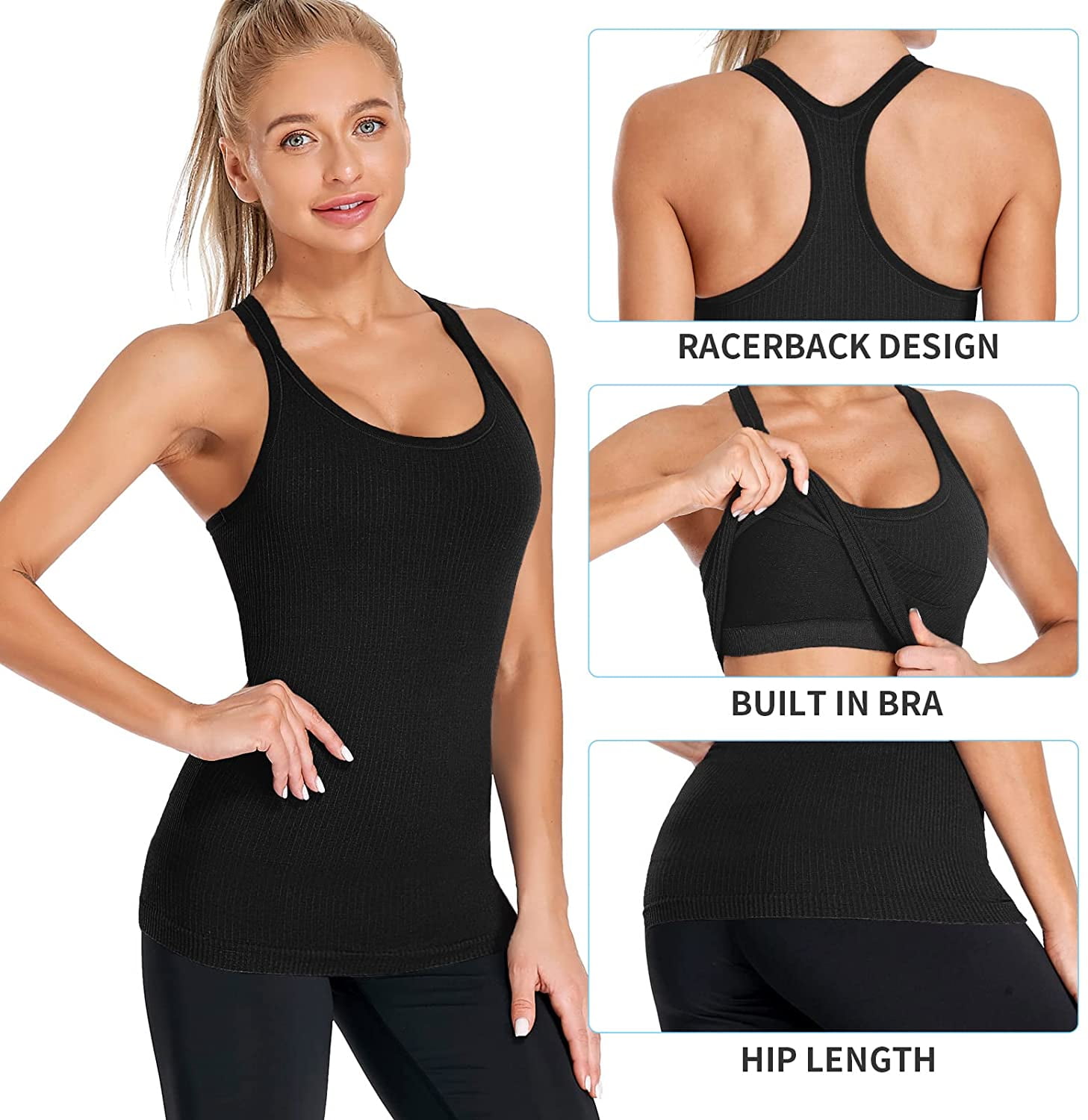 Ribbed Workout Short Racerback Tank Tops for Women with Built in Bra