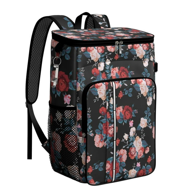 Floral and Skull Artistic Design Insulated Cooler Backpack - 20L Lightweight & Portable for Road Trips
