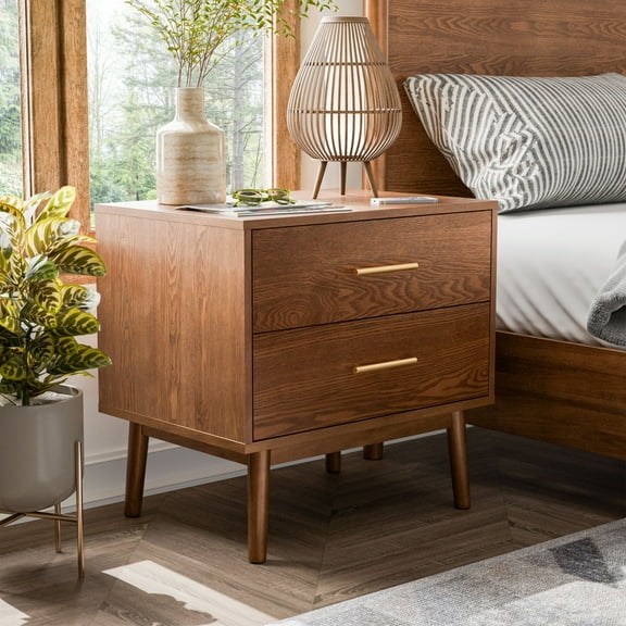 Furniture of America Erik Adult Mid-Century 2-Drawer Solid Wood Nightstand, Walnut