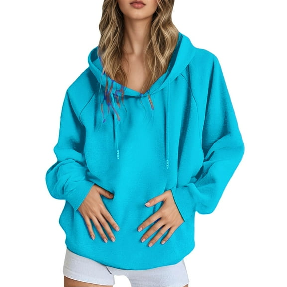 MIASHUI Women's Raglan Sleeve Pullover Hoodie, Spring Fall Long Sleeve Casual Sweatshirt, Loose Fit Solid Color Hooded Top Sky Blue,L
