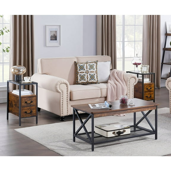 VECELO 3-Piece Coffee Table Set for Living room, Industrial X-Design Coffee Table & Two 2-Drawer End Side Tables for Home Accent Furniture, Easy Assembly, Brown