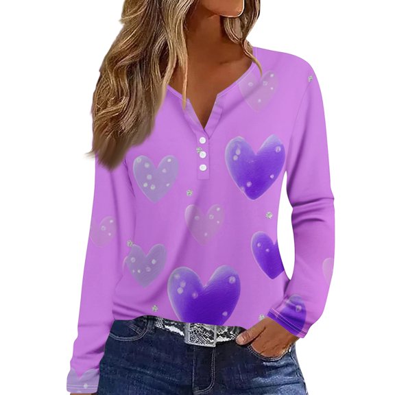 Womens Valentines Day Outfit Henley Button Down V- Neck Casual Tops Spring Cute T Shirts Heart Graphic Long Sleeve Tshirts