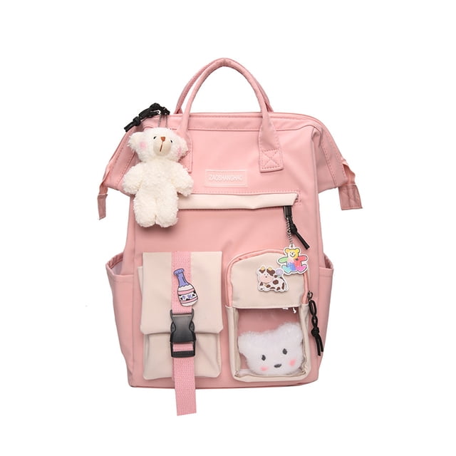 Goory Girls Rucksack Anti-Theft Backpack Multipurpose Bookbag Daypack Multi Pockets Outdoor Large Capacity Blanket Roll Waterproof Top Handle Travel Pink Backpack+3 Badges