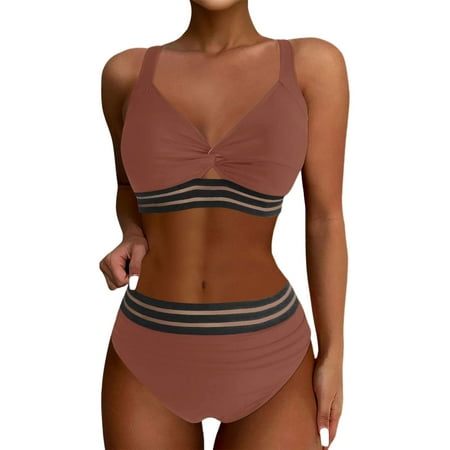 MGCWSH Women s Bikini Sets Two Piece Swimsuit V Neck Swimwear High Waisted Front Twisted Adjustable Crisscross Straps Mesh Coffee S